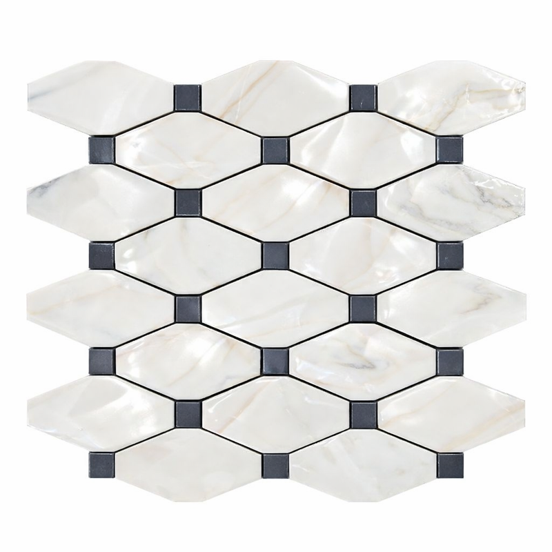 Calacatta Gold (Italian) Marble Polished Octave Mosaic Octave (Long Octagon) Mosaic (w/ Blue-Gray)