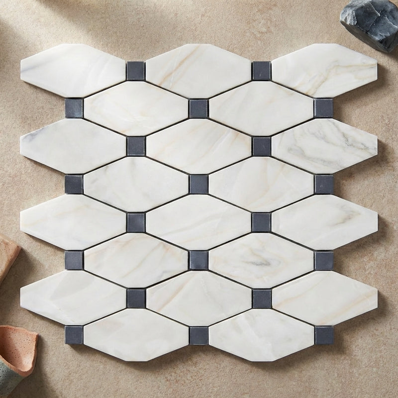 Calacatta Gold (Italian) Marble Polished Octave Mosaic Octave (Long Octagon) Mosaic (w/ Blue-Gray)