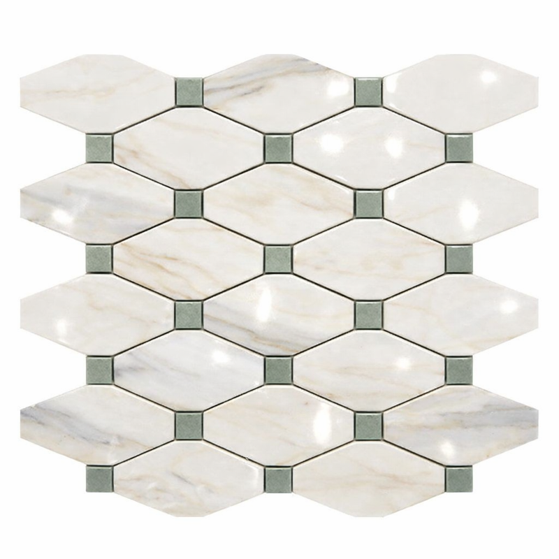 Calacatta Gold (Italian) Marble Polished Octave Mosaic Octave (Long Octagon) Mosaic (w/ Ming-Green)