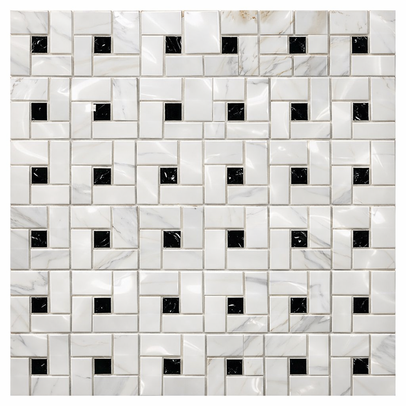 Calacatta Gold (Italian) Marble Polished Pinwheel Mosaic (w/ Black)