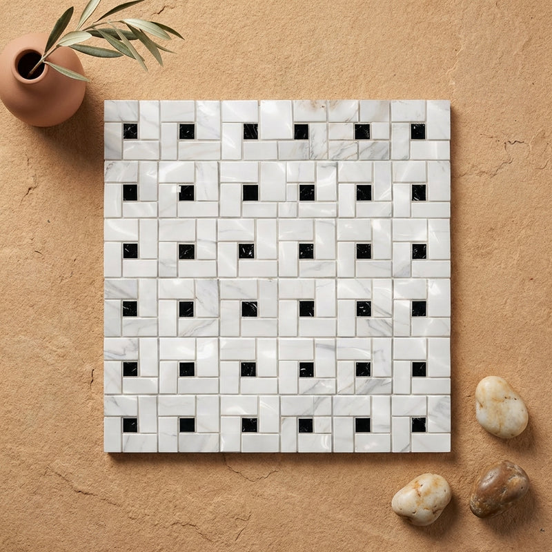 Calacatta Gold (Italian) Marble Polished Pinwheel Mosaic (w/ Black)