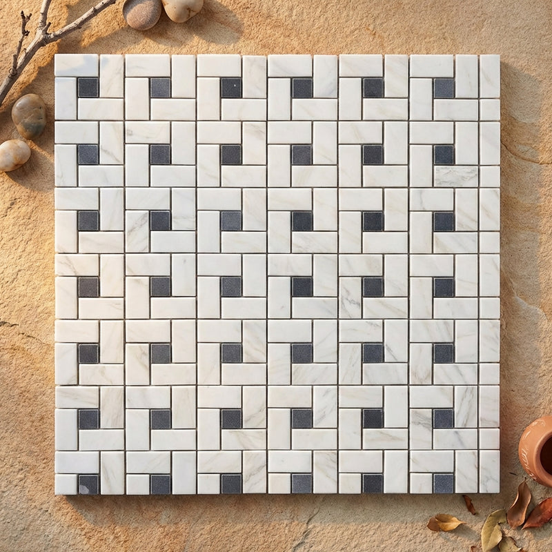 Calacatta Gold (Italian) Marble Polished Pinwheel Mosaic (w/ Blue-Gray)