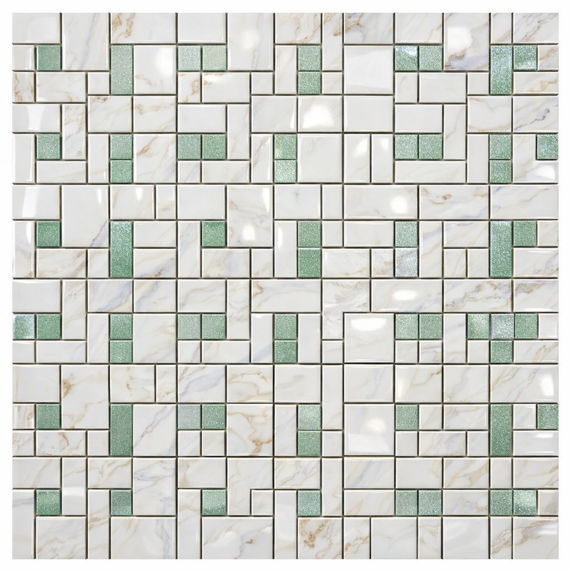 Calacatta Gold (Italian) Marble Polished Pinwheel Mosaic (w/ Ming-Green)