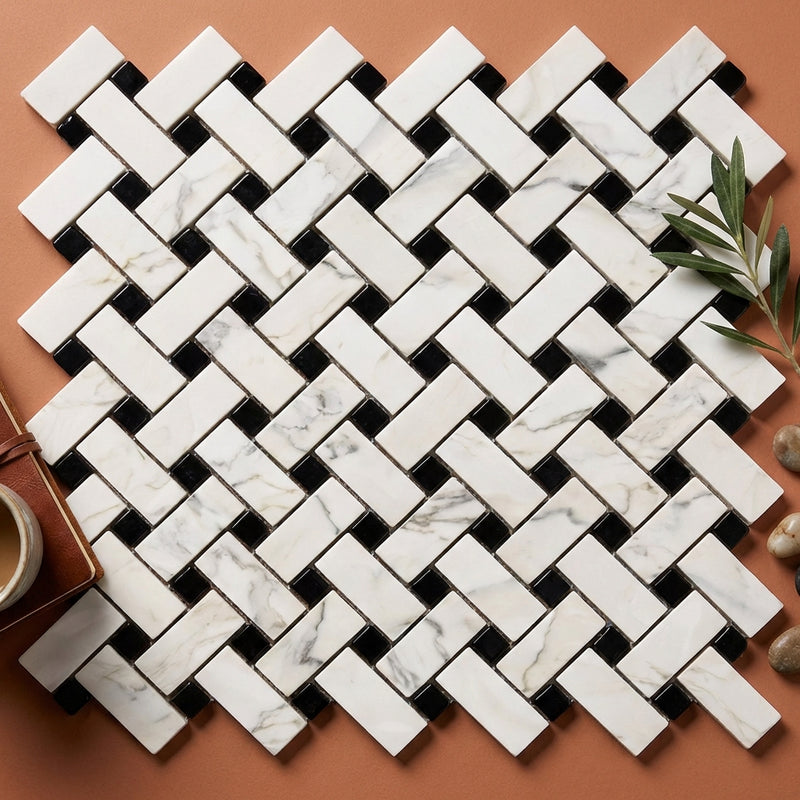 Calacatta Gold (Italian) Marble Polished Stanza Mosaic (w/ Black)