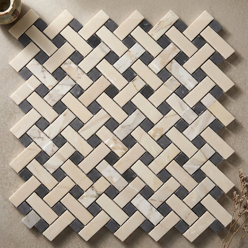 Calacatta Gold (Italian) Marble Polished Stanza Mosaic (w/ Blue-Gray)