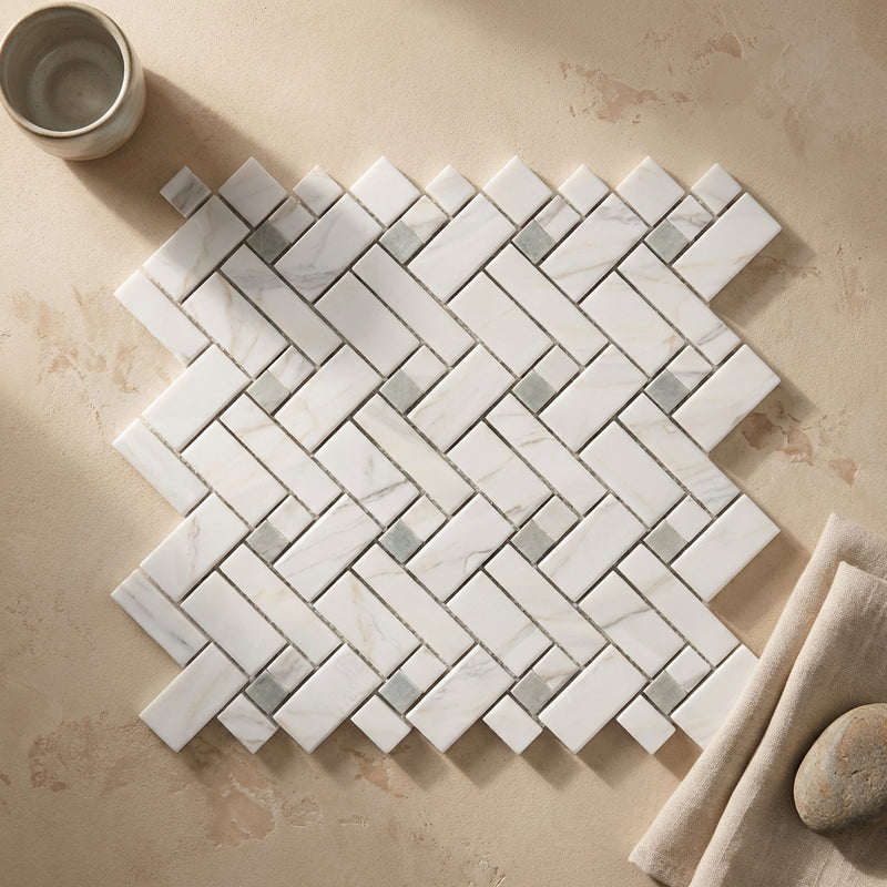 Calacatta Gold (Italian) Marble Polished Stanza Mosaic (w/ Ming-Green)