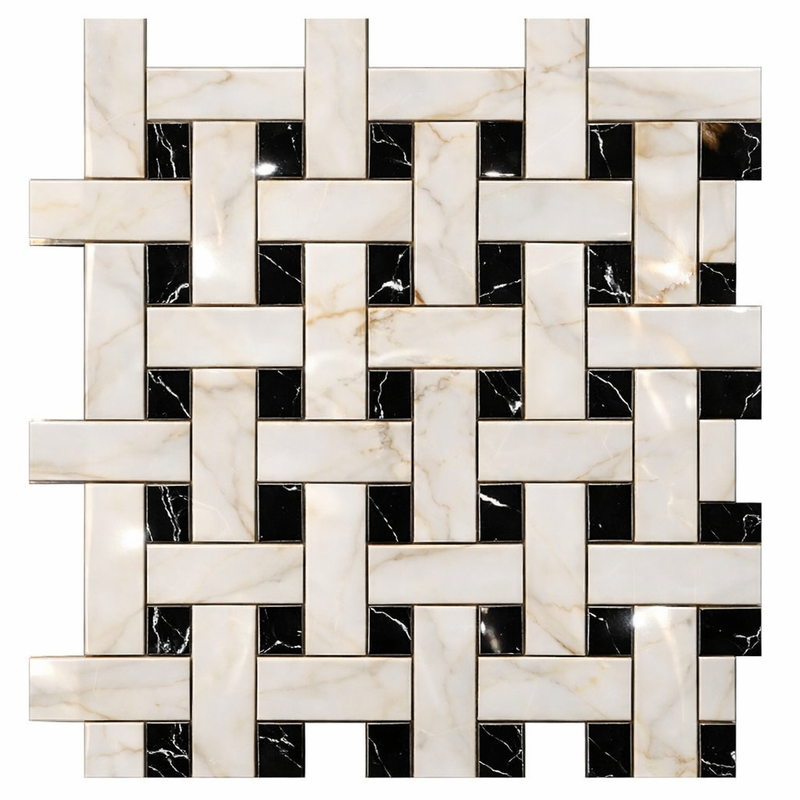 Calacatta Gold (Italian) Marble Polished Mosaic Triple-Weave (w/ Black)