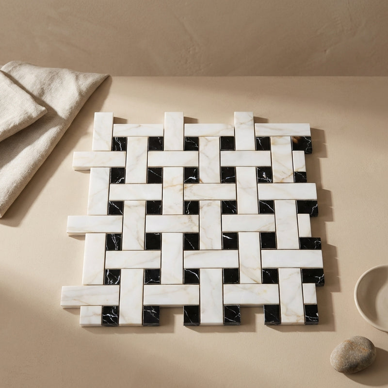Calacatta Gold (Italian) Marble Polished Mosaic Triple-Weave (w/ Black)