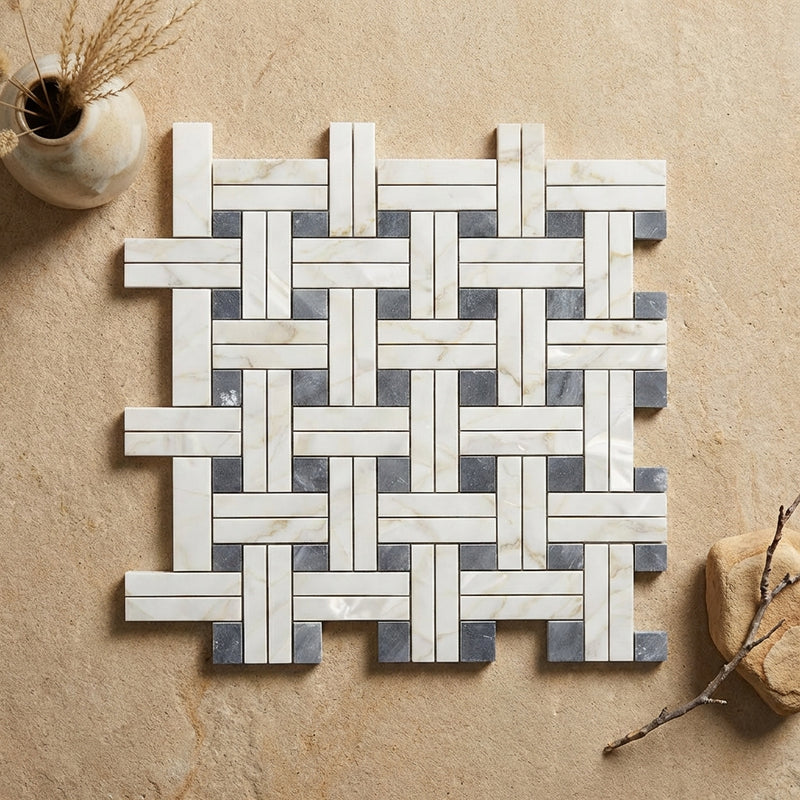 Calacatta Gold (Italian) Marble Polished Mosaic Triple-Weave (w/ Blue-Gray)