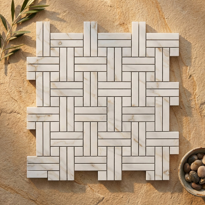 Calacatta Gold (Italian) Marble Polished Mosaic Triple-Weave (w/ Calacatta Gold)