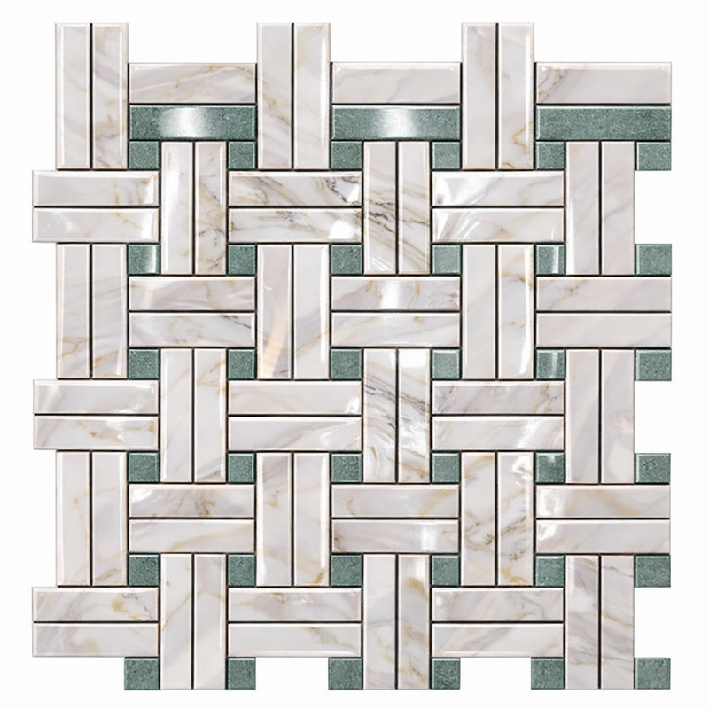 Calacatta Gold (Italian) Marble Polished Mosaic Triple-Weave (w/ Ming-Green)