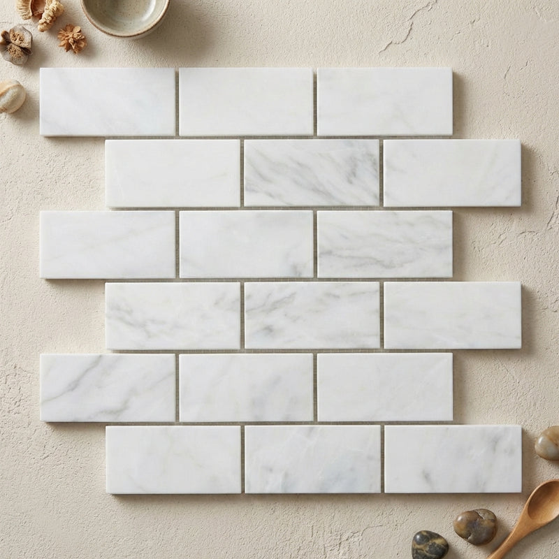 Oriental White (Asian Statuary) Marble 2x4 Polished Brick Joint Mosaic Straight-Edged Brick Mosaic