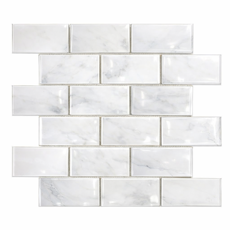 Oriental White (Asian Statuary) Marble 2x4 Polished Brick Joint Mosaic Deep-Beveled Brick Mosaic