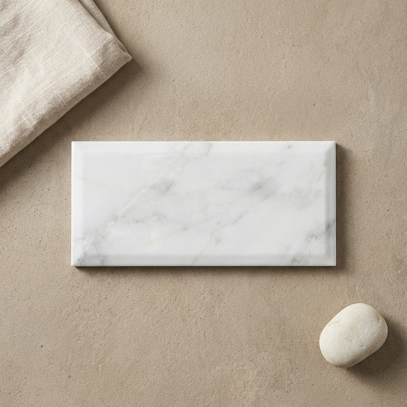 Oriental White (Asian Statuary) Marble 2x4 Polished Brick Joint Mosaic Deep-Beveled Brick Mosaic