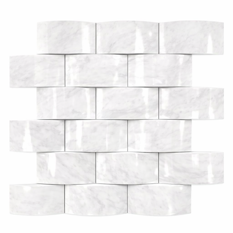 Oriental White (Asian Statuary) Marble 2x4 Polished Mosaic Round-Faced (CNC-Arched / Wavy)