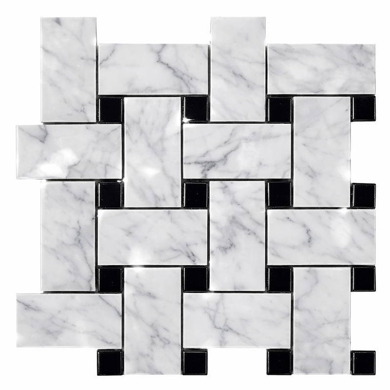 Carrara White (Italian) Marble Polished Tile Basketweave Border CORNER (w/ Black)