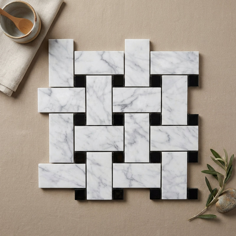 Carrara White (Italian) Marble Polished Tile Basketweave Border CORNER (w/ Black)