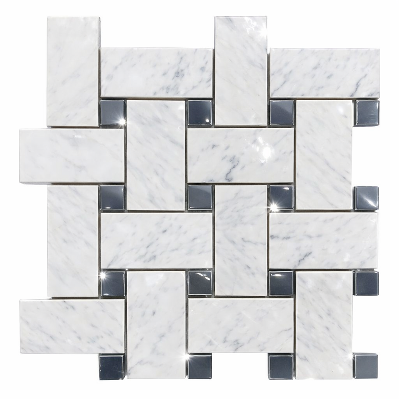 Carrara White (Italian) Marble Polished Tile Basketweave Border CORNER (w/ Blue-Gray)