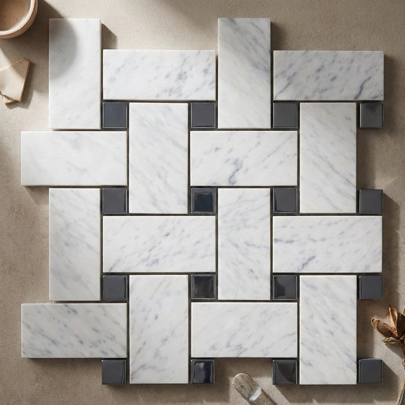 Carrara White (Italian) Marble Polished Tile Basketweave Border CORNER (w/ Blue-Gray)