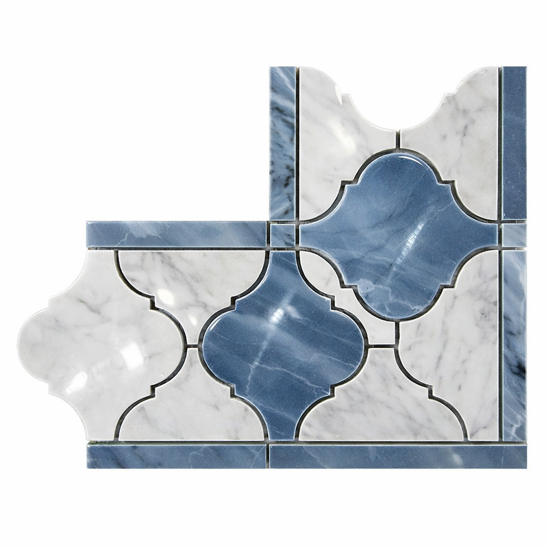 Carrara White (Italian) Marble Polished Tile Luxury (Lantern) Border CORNER (w/ Blue-Gray) Luxury Border CORNER