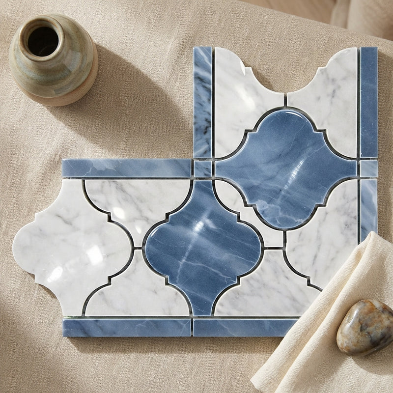 Carrara White (Italian) Marble Polished Tile Luxury (Lantern) Border CORNER (w/ Blue-Gray) Luxury Border CORNER