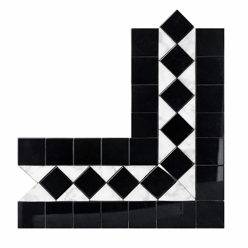 Carrara White (Italian) Marble Polished Tile BIAS Border CORNER (w/ Black)