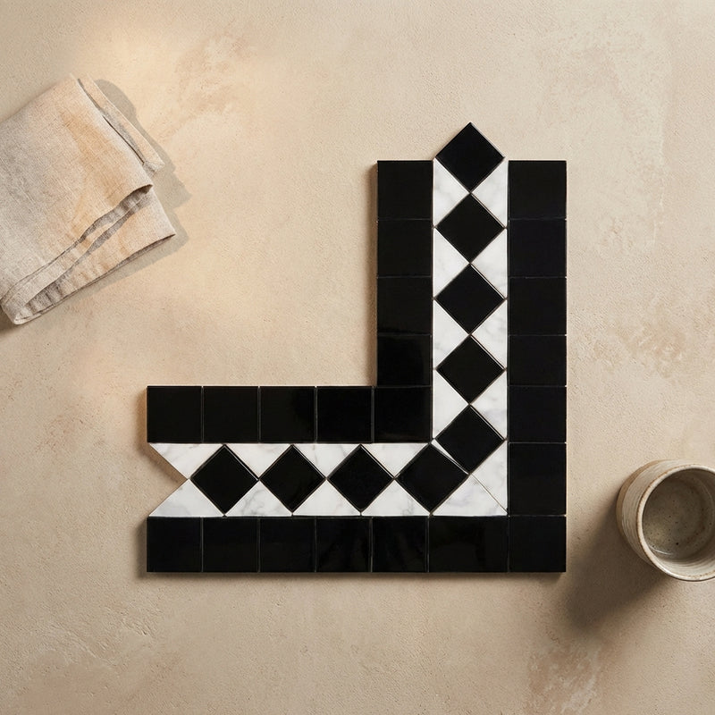 Carrara White (Italian) Marble Polished Tile BIAS Border CORNER (w/ Black)