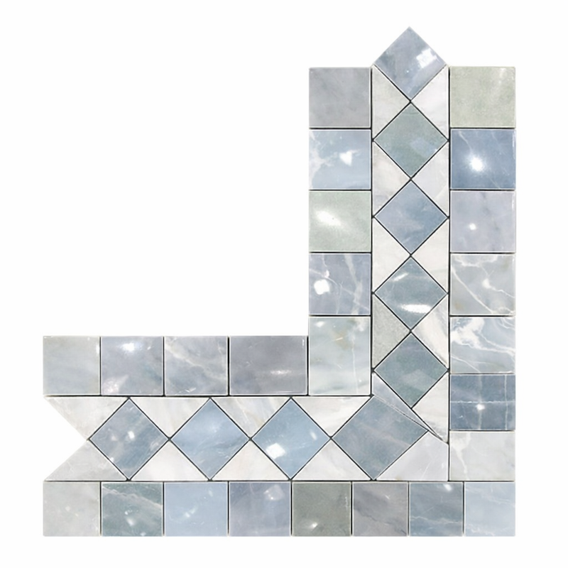 Carrara White (Italian) Marble Polished Tile BIAS Border CORNER (w/ Blue-Gray)