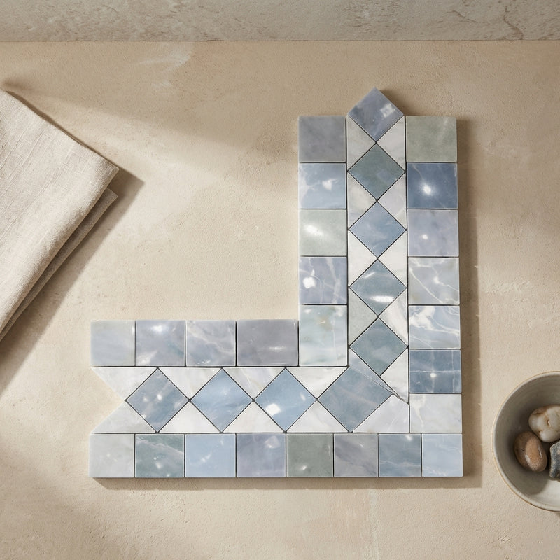 Carrara White (Italian) Marble Polished Tile BIAS Border CORNER (w/ Blue-Gray)