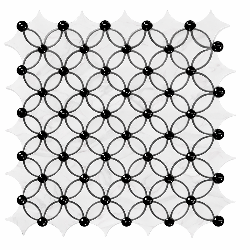 Carrara White (Italian) Marble Polished Tile Florida Flower Border CORNER (Black)