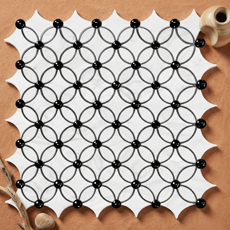 Carrara White (Italian) Marble Polished Tile Florida Flower Border CORNER (Black)