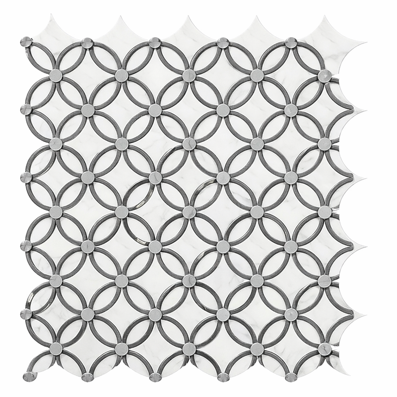 Carrara White (Italian) Marble Polished Tile Florida Flower Border CORNER (Blue-Gray)