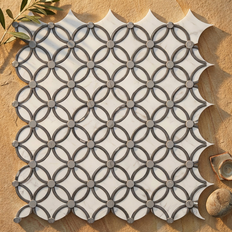 Carrara White (Italian) Marble Polished Tile Florida Flower Border CORNER (Blue-Gray)