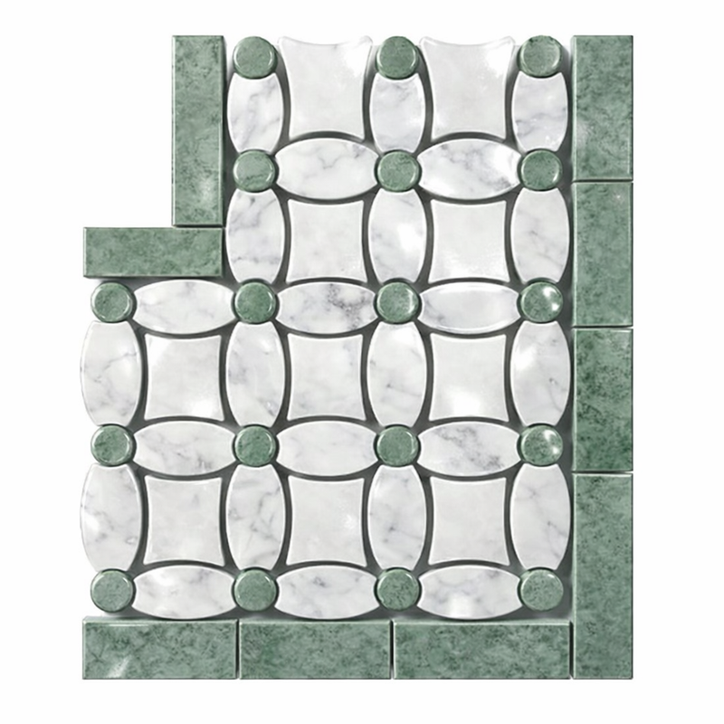 Carrara White (Italian) Marble Polished Tile Florida Flower Border CORNER (Ming Green)