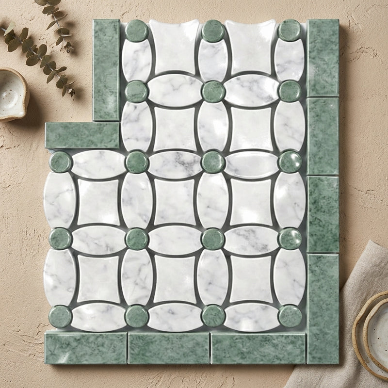 Carrara White (Italian) Marble Polished Tile Florida Flower Border CORNER (Ming Green)