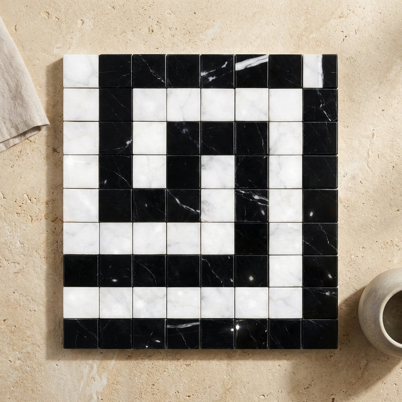 Carrara White (Italian) Marble Polished Tile Greek Key Border CORNER (w/ Black)