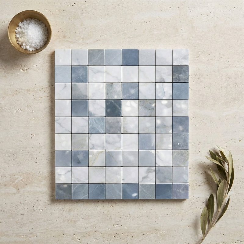 Carrara White (Italian) Marble Polished Tile Greek Key Border CORNER (w/ Blue-Gray)