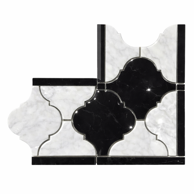 Carrara White (Italian) Marble Polished Tile Luxury (Lantern) Border CORNER (w/ Black) Luxury Border CORNER