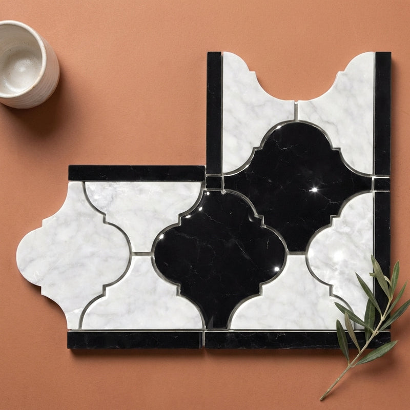 Carrara White (Italian) Marble Polished Tile Luxury (Lantern) Border CORNER (w/ Black) Luxury Border CORNER