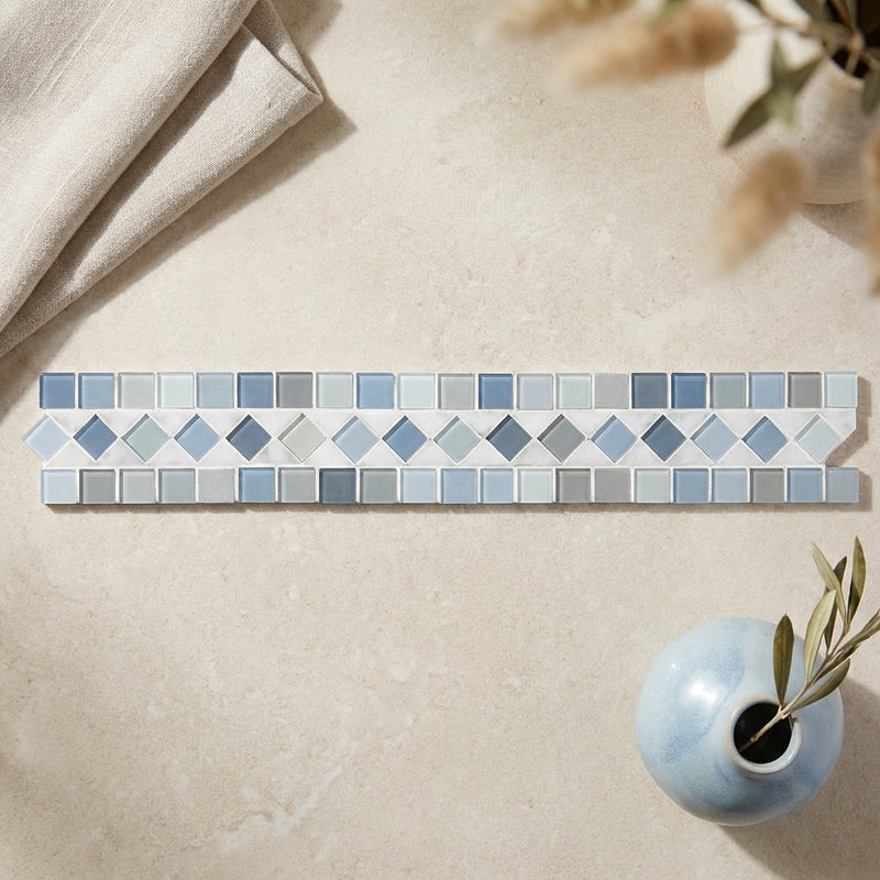 Carrara White (Italian) Marble 2x12 Polished Tile BIAS Border (w/ Blue-Gray)