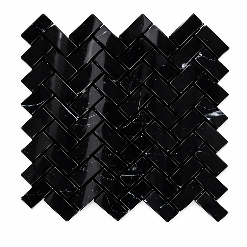 Nero Marquina (Black) Marble 1x2 Polished Herringbone Mosaic