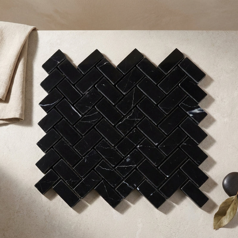 Nero Marquina (Black) Marble 1x2 Polished Herringbone Mosaic