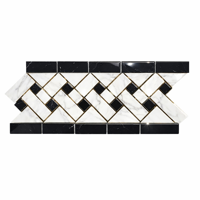 Carrara White (Italian) Marble 4-3/4x12 Polished Tile Basketweave Border (w/ Black)