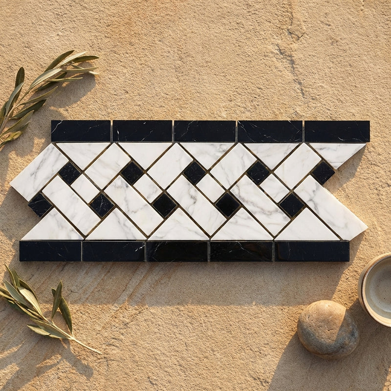 Carrara White (Italian) Marble 4-3/4x12 Polished Tile Basketweave Border (w/ Black)