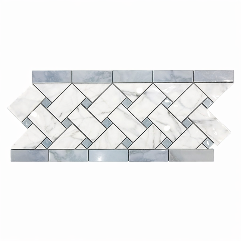 Carrara White (Italian) Marble 4-3/4x12 Polished Tile Basketweave Border (w/ Blue-Gray)
