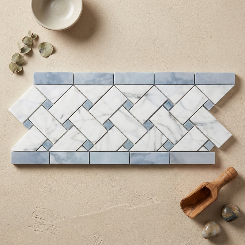 Carrara White (Italian) Marble 4-3/4x12 Polished Tile Basketweave Border (w/ Blue-Gray)