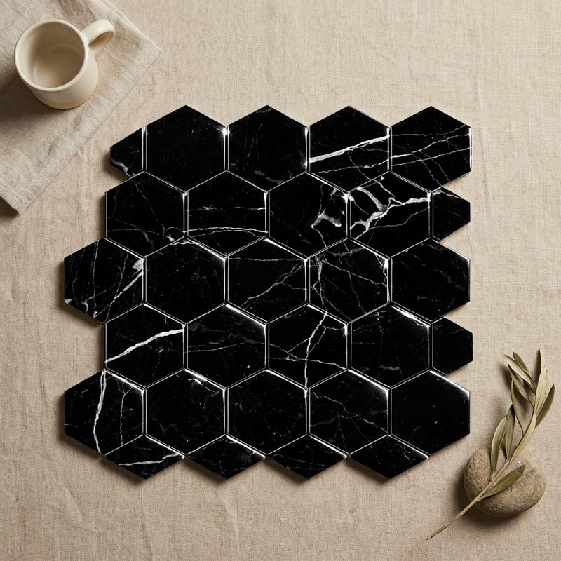 Nero Marquina (Black) Marble 2x2 Polished Hexagon Mosaic