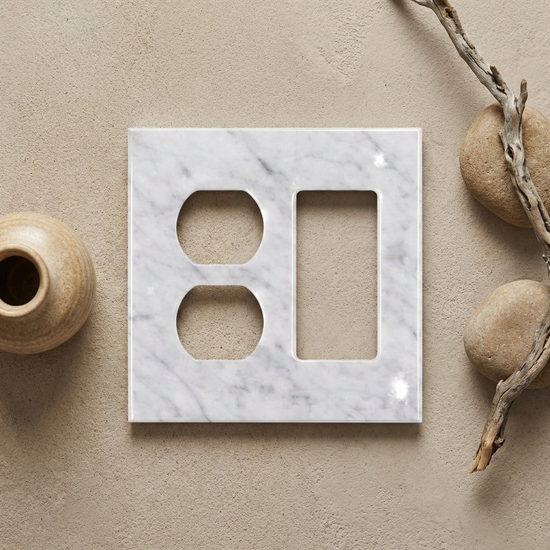 Bianco Carrara Switch Plate Covers 4-1/2x4 1/2 Polished Plate Cover ROCKER - DUPLEX