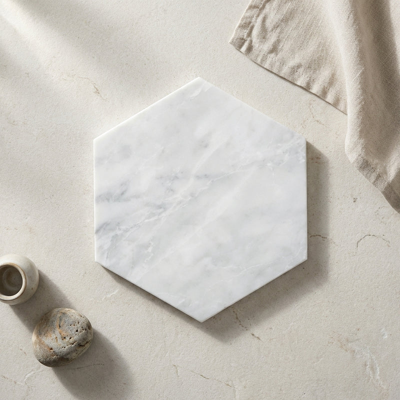 Oriental White (Asian Statuary) Marble 5x5 Polished Hexagon Mosaic