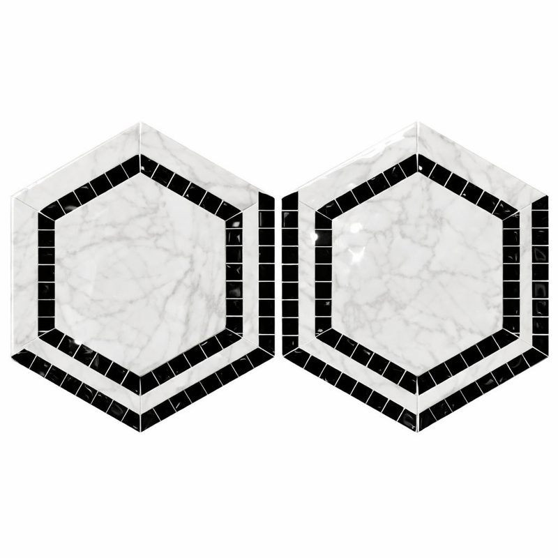 Oriental White (Asian Statuary) Marble 5x5 Polished Hexagon Mosaic Hexagon Combination Mosaic (w/ Black)